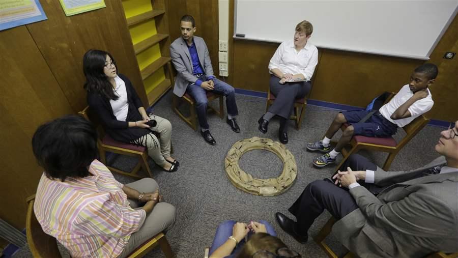 People sitting in a circle conducting restorative practices