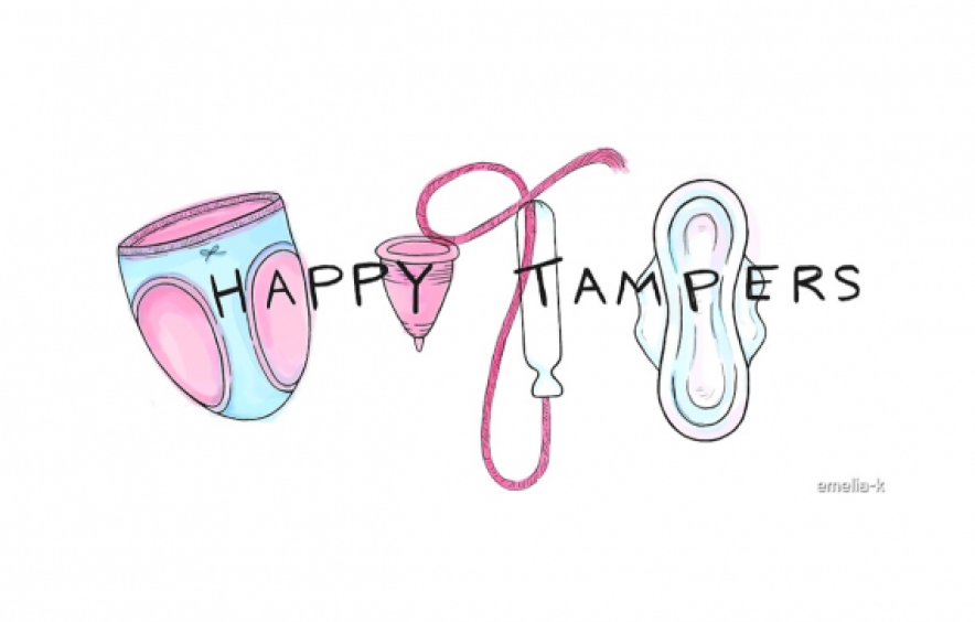 Happy Tampers logo depicting a pad, tampon, menstrual cup, and underwear