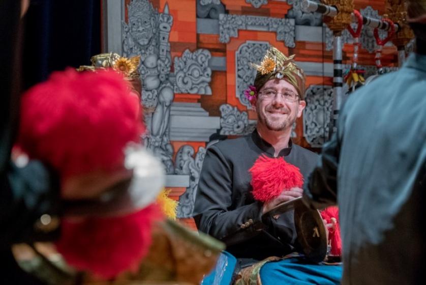 Aaron Paige performs with the gamelan orchestra