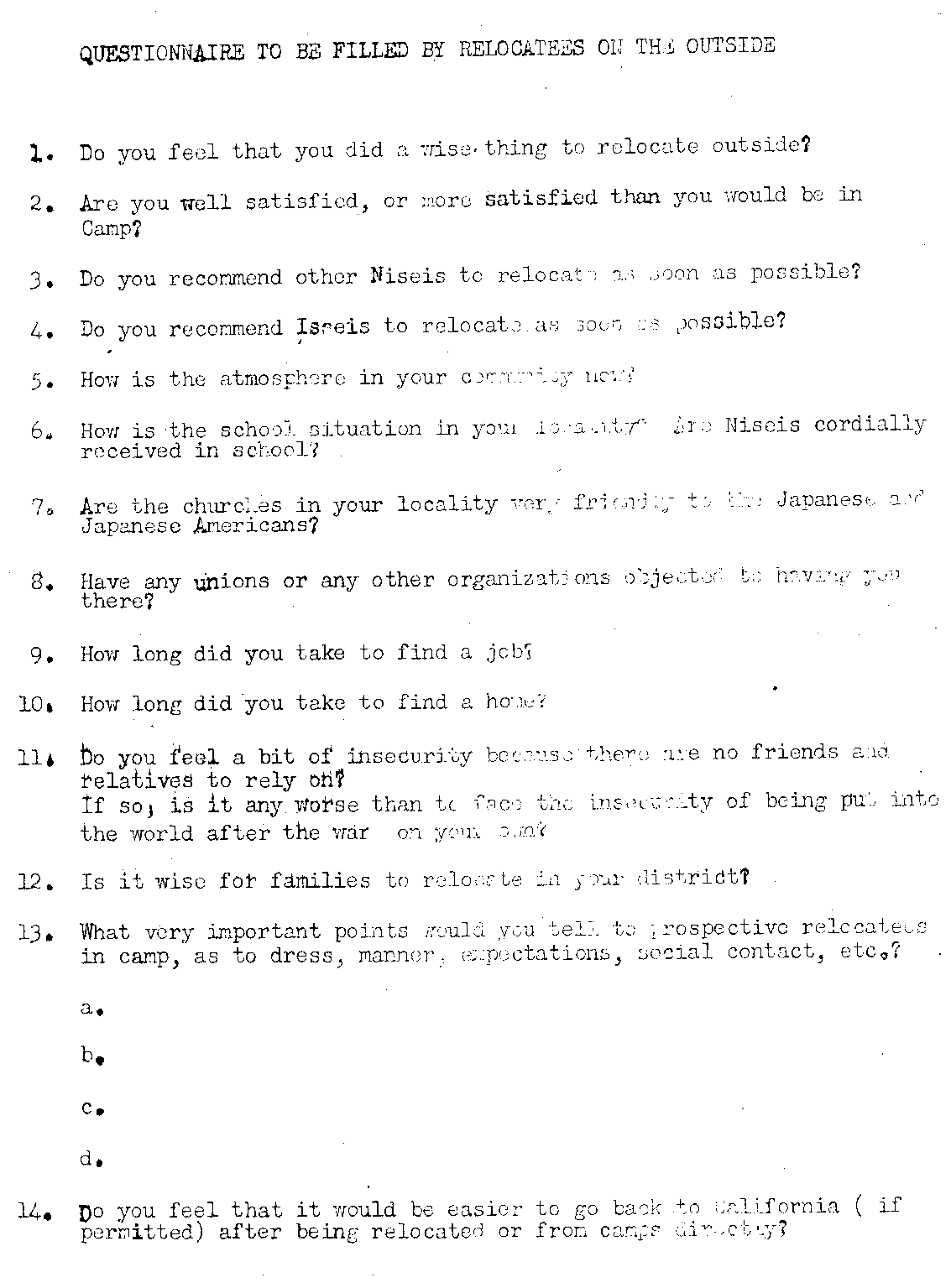 Questionnaire for Evacuees