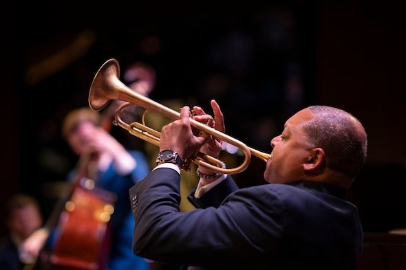 Trumpeter Wynton Marsalis plays with his Jazz at Lincoln Center Orchestra.