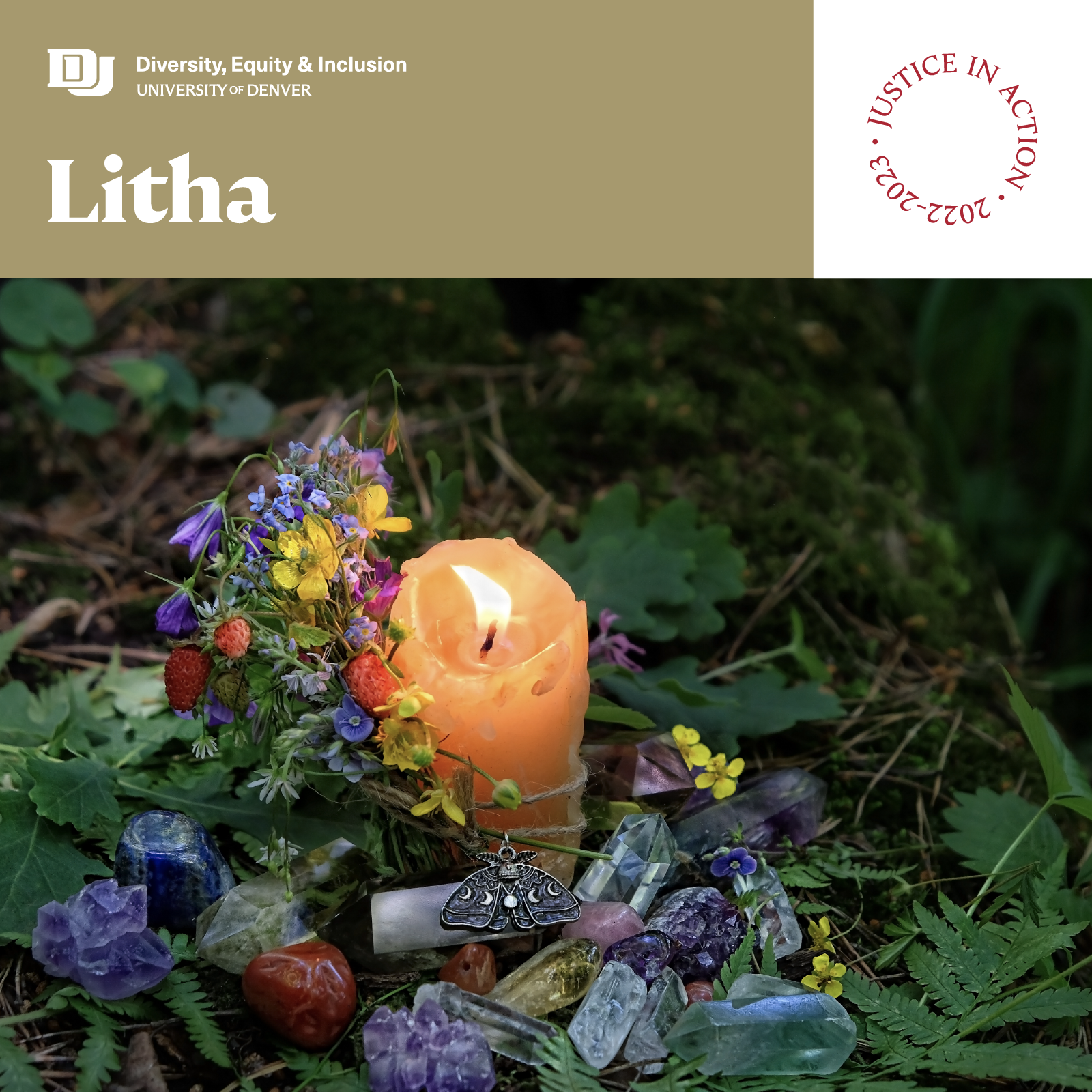 Lithia Graphic; a forest scene with wild flowers, a lit candle, and a moth pendant