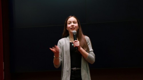 Angelina Akdis, 13, addresses the crowd after the Winter 2018 Madden Challenge. Akdis is the first non-college student to take the Gateway to Business course at the Daniels College.