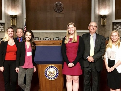 UCAR leadership and winners of the 2017 Capitol Hill Visits Essay Contest in Washington, D.C. From left to right: Jennifer Griswold, Univ. of Hawaii; PACUR representative Joel Widder, co-founder and partner at Federal Science Partners; Rebecca Anderson, Univ. of North Dakota; Abigail Ahlert, CU-Boulder; Tony Busalacchi, UCAR president; Molly Haugen, Univ. of Denver
