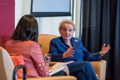 Former Secretary of State Madeleine Albright answers a question from Pardis Mahdavi, acting dean of the Josef Korbel School of International Studies. (Photo: Wayne Armstrong)