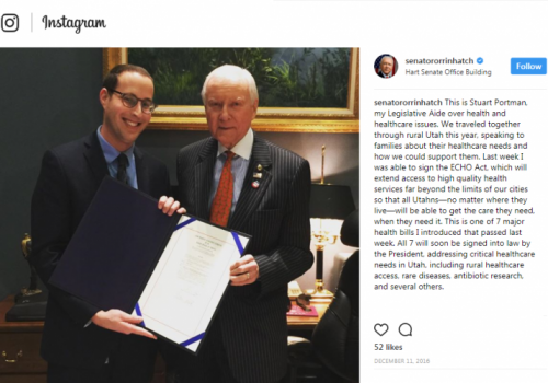 In a post from Hatch's Instagram account, Portman stands with the senator after passing a piece of legislation.