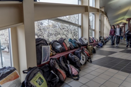 More than 1,000 backpacks are displayed in the Driscoll Student Center representing college students lost to suicide.