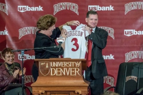 Bradley-Doppes introduces new women's basketball coach Jim Turgeon on March 28, 2016. Photo courtesy: Wayne Armstrong, University of Denver.