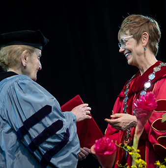 Former Secretary of State Madeleine Albright and DU Chancellor Rebecca Chopp.