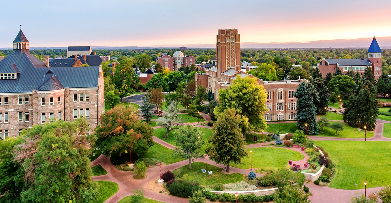 drone view of campus at sunset