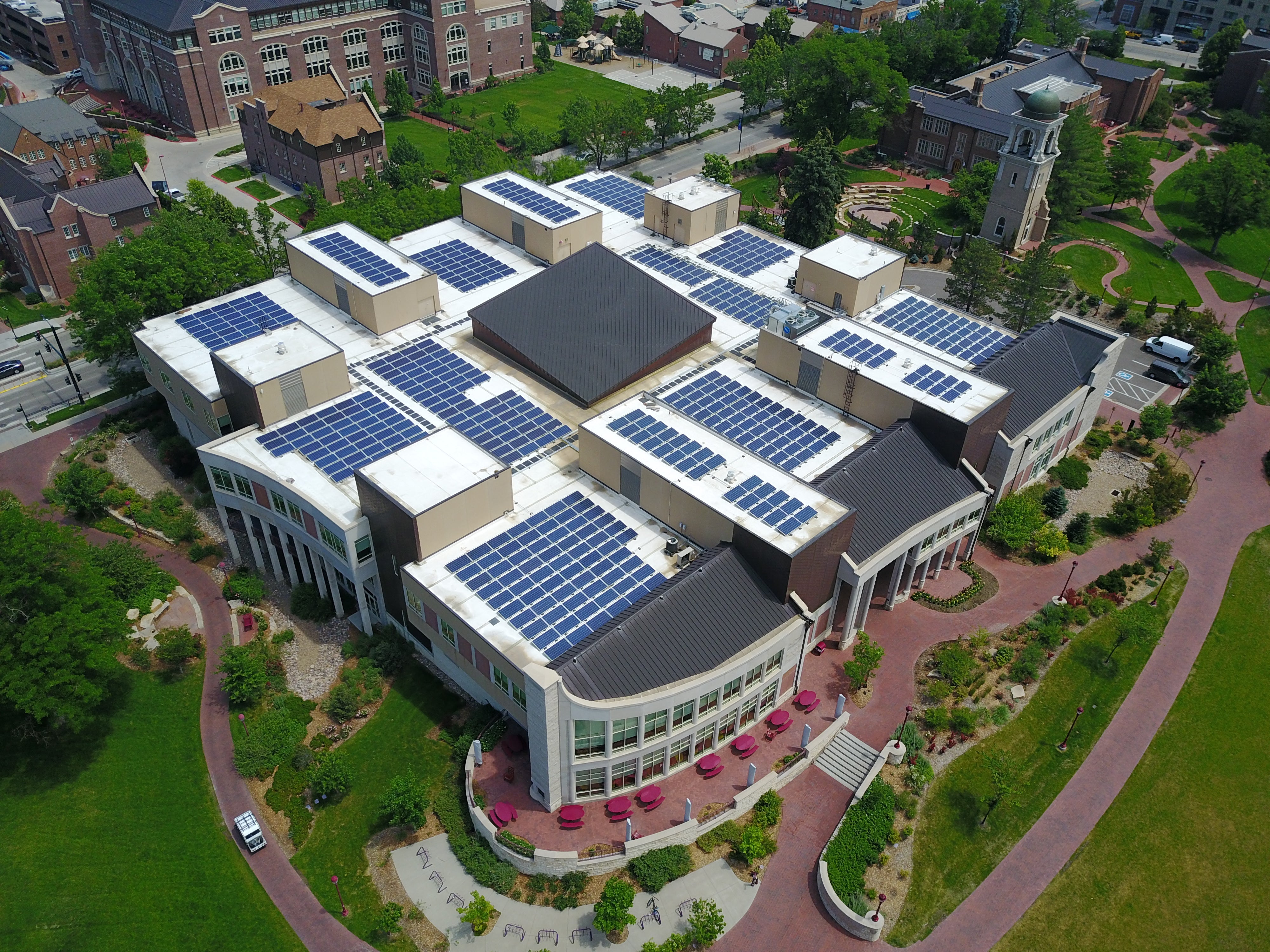 Solar panels on the roof of the Anderson Academic Commons.