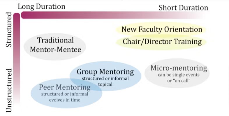 Figure 1: Types of mentoring and the time and structure involved.  Mentoring networks often encompass multiple modes of mentoring and multiple models for mentees to achieve their career goals. Affinity groups and cross-identity support is often incorporated into all models of mentoring.  Highlighting indicates the type of initiative; Yellow initiatives are for new faculty and blue initiatives are topical (i.e. chair support, teaching) or built around affinity groups. 