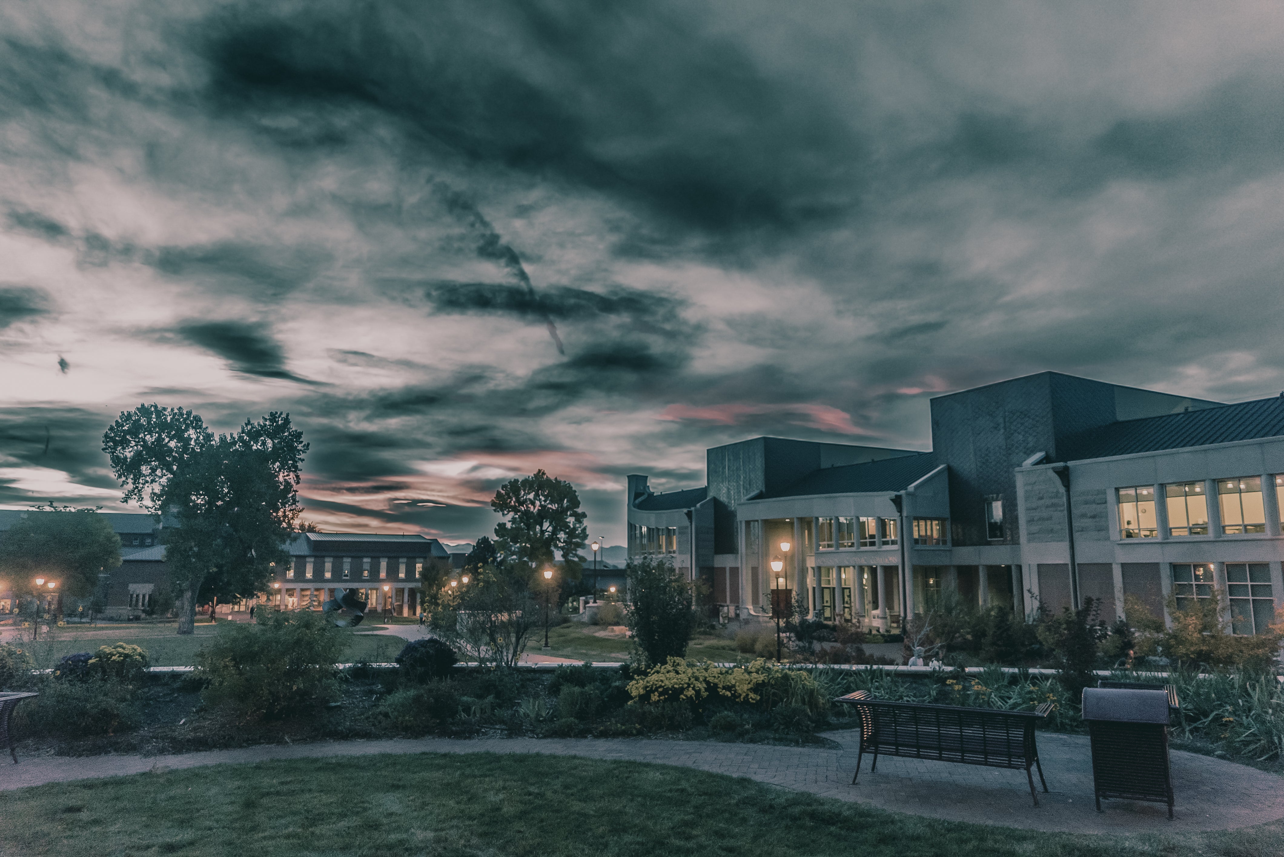 spooky looking evening shot across campus at dusk