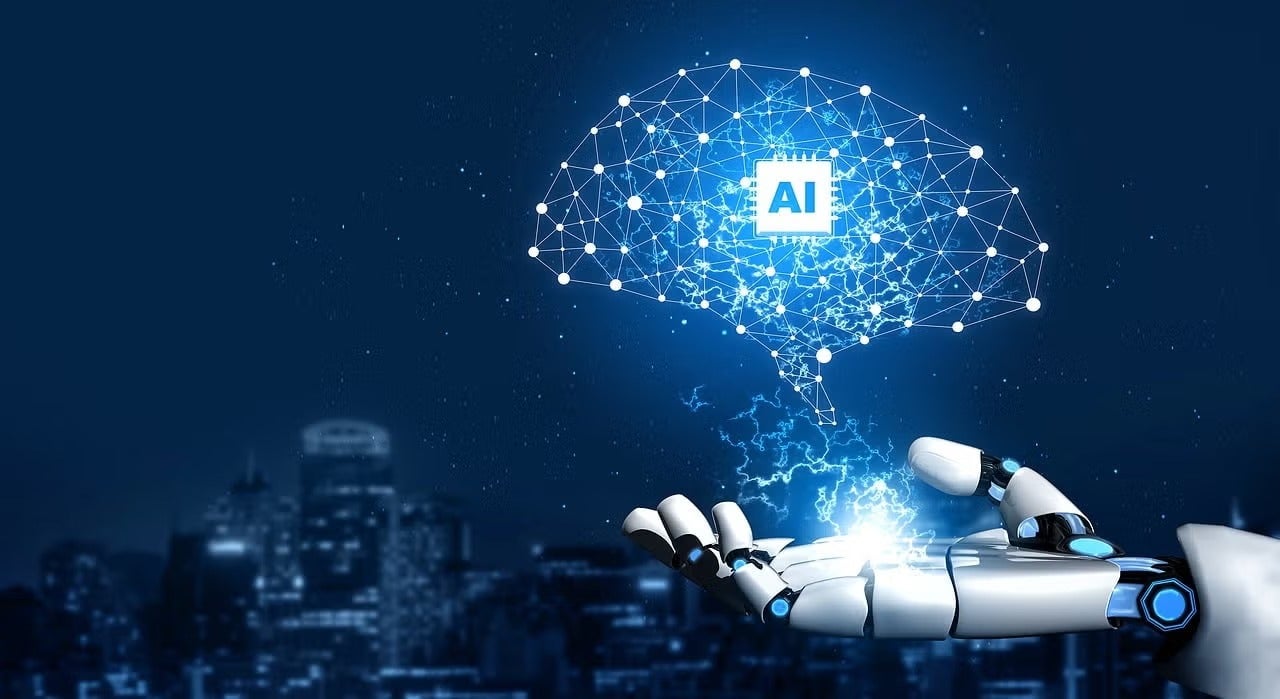 robotic hand with abstract tech symbols and the letters AI