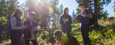 group of students in sunny mountain landscape