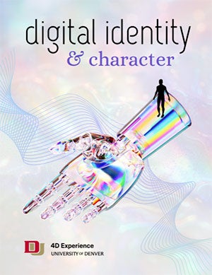 digital identity cover, with a person standing on a robotic hand