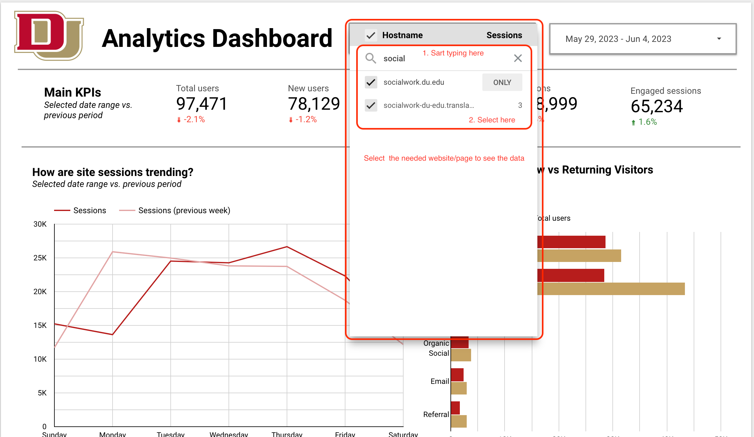 GA4 dashboard hostname selection