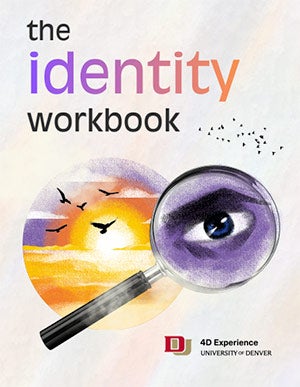 identity workbook cover, with a magnifying glass on an eye, and sunset on the background