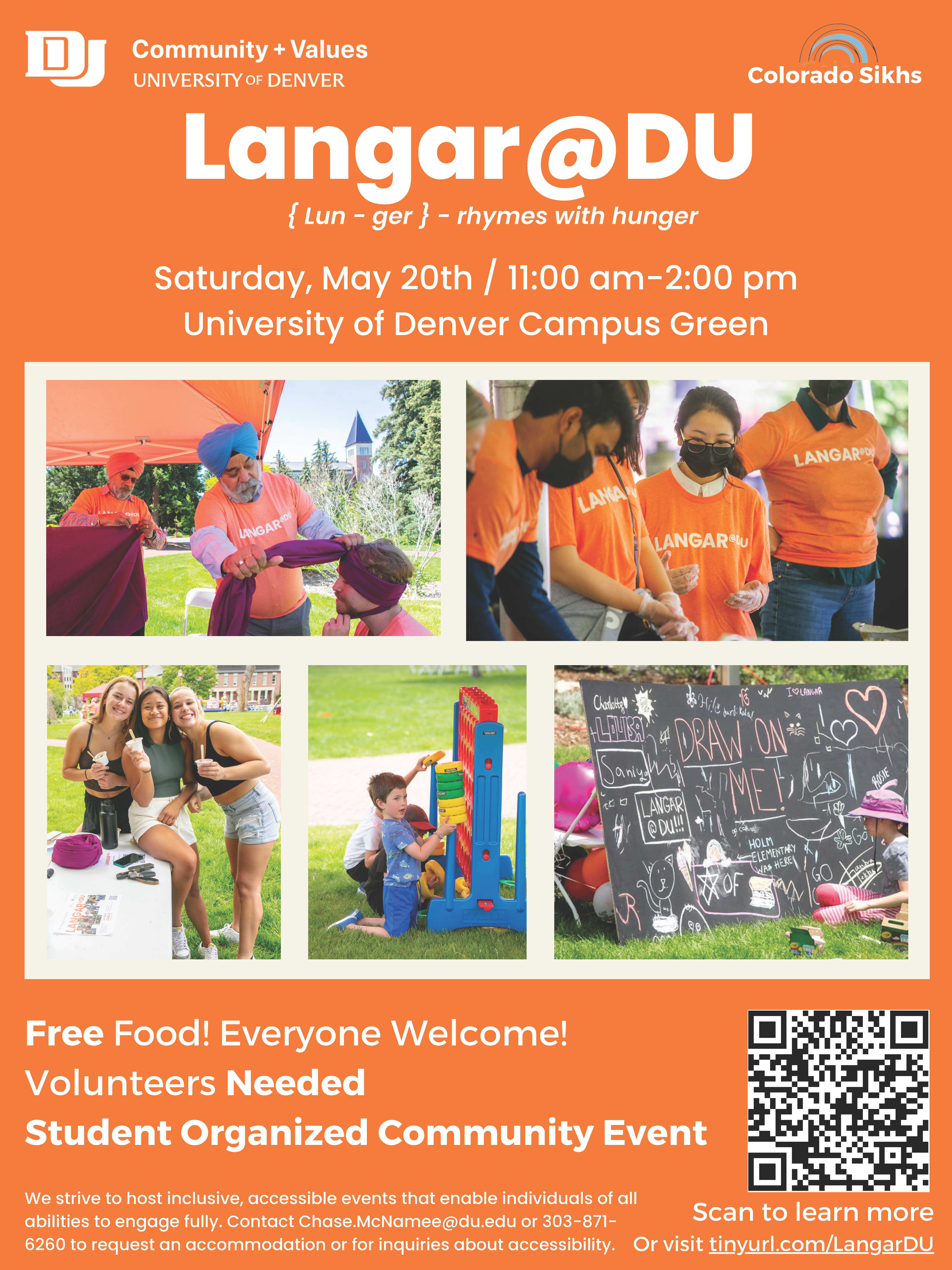 Langar@DU flyer - orange background with the text from the above paragraphs