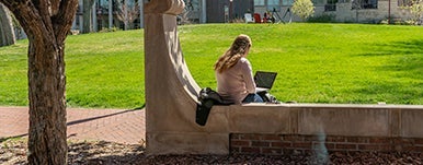 lone student studies outside with laptop