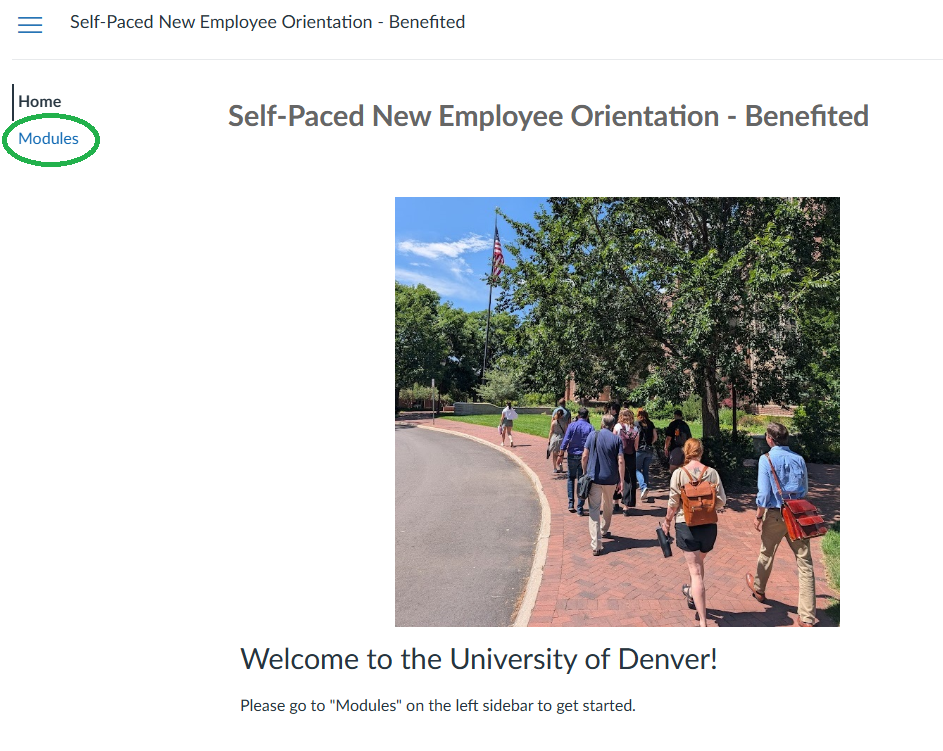 Canvas course showcasing the self-paced new hire orientation.