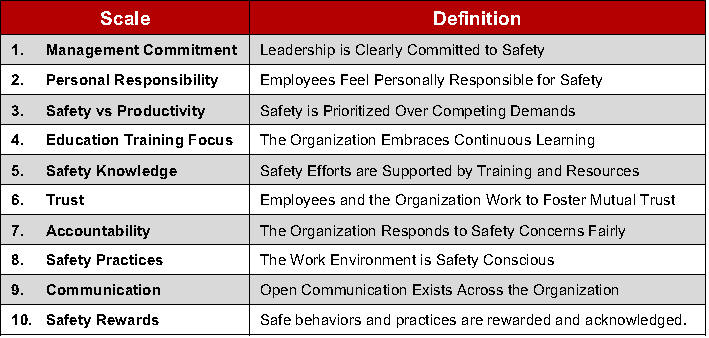 Safety Culture Factors table