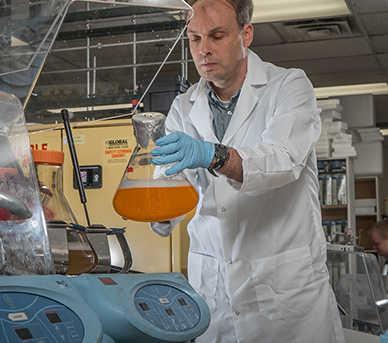 Researcher examines a fluid sample in a lab.