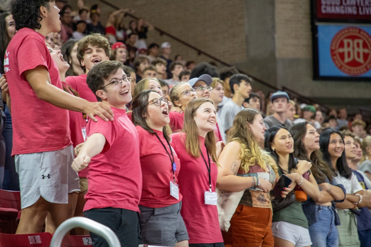 Students in the student section at a hockey game