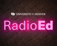 radio ed podcast cover image - pink lettering against brick pattern