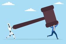 An illustration of a man carrying a gavel on one end and a robot carrying the other end