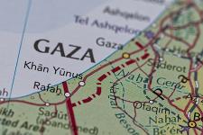 A close-up of a map showing both Gaza and Israel.