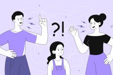 two parents arguing and a kid in the middle looking confused