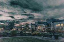 spooky looking evening shot across campus at dusk