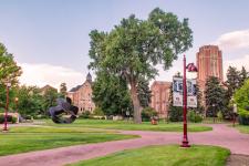 A wide shot of the DU campus, with the Mary Reed building in the background.