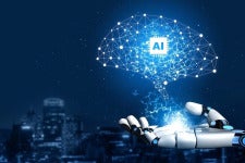 a cloud with interconnected dots bursting out of a robot's hand