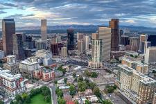 downtown denver with mountains 