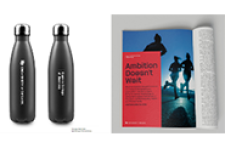 water bottles and magazine page with DU branding