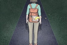 painting of woman wearing backpack