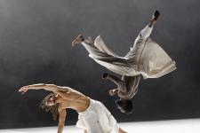 Photo of two dancers from the Compagnie Hervé Koubi performing on stage.