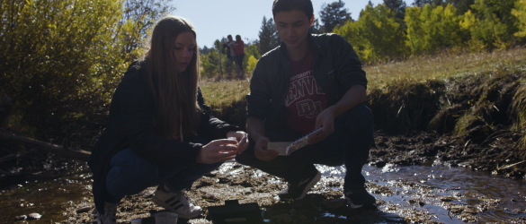 students on bank of mountain stream