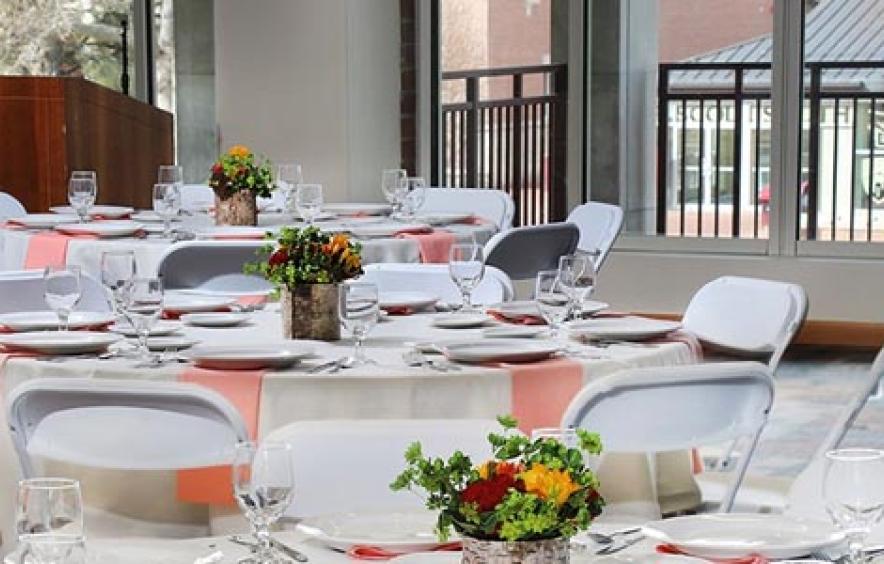 tables with plates and cups on them