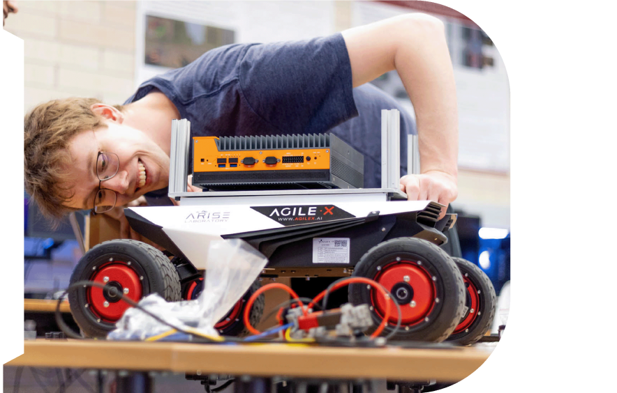 student working on robotics