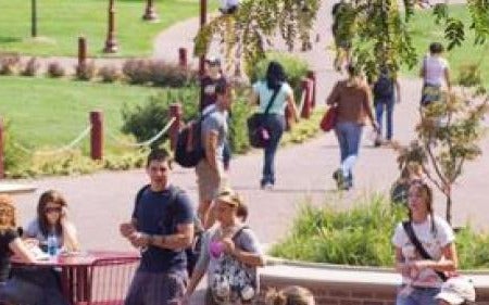 students on sturm patio