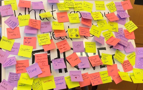 different answers on colorful sticky notes discussing what makes them thrive in community