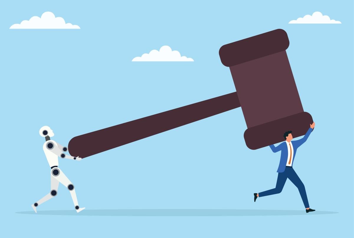 An illustration of a man carrying a gavel on one end and a robot carrying the other end