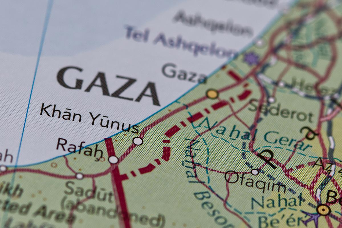 A close-up of a map showing both Gaza and Israel.