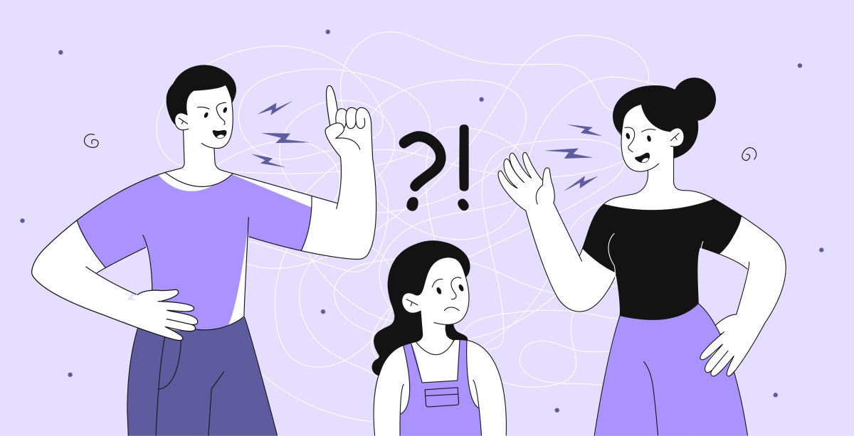 two parents arguing and a kid in the middle looking confused