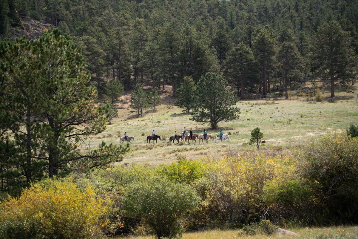 A distant view of students riding horses on the Kennedy Mountain Campus.