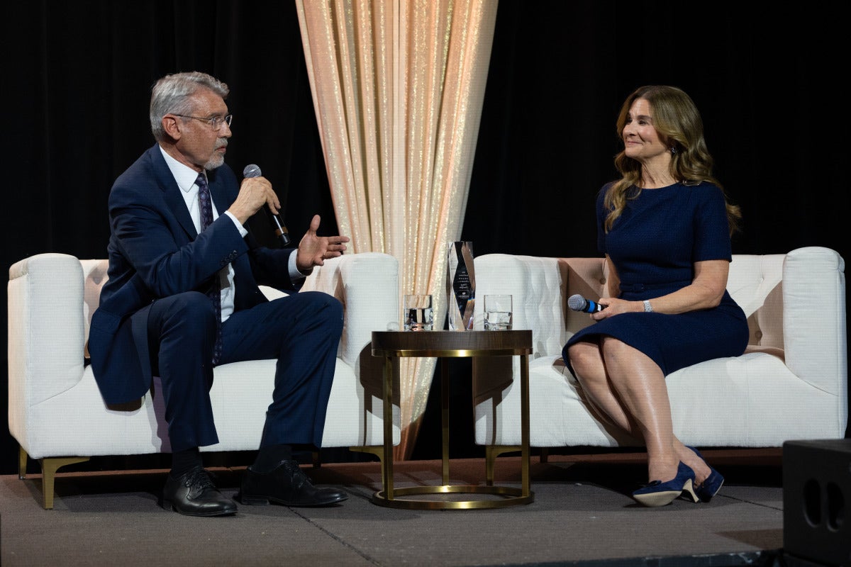 Melinda French Gates spoke with Korbel Dean Fritz Mayer at the school's annual awards celebration.