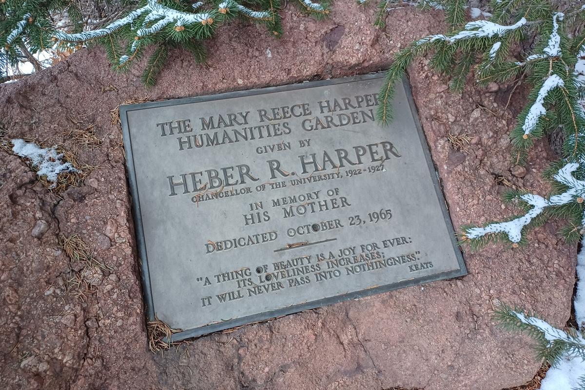 Photo of plaque commemorating the Harper Humanities Garden